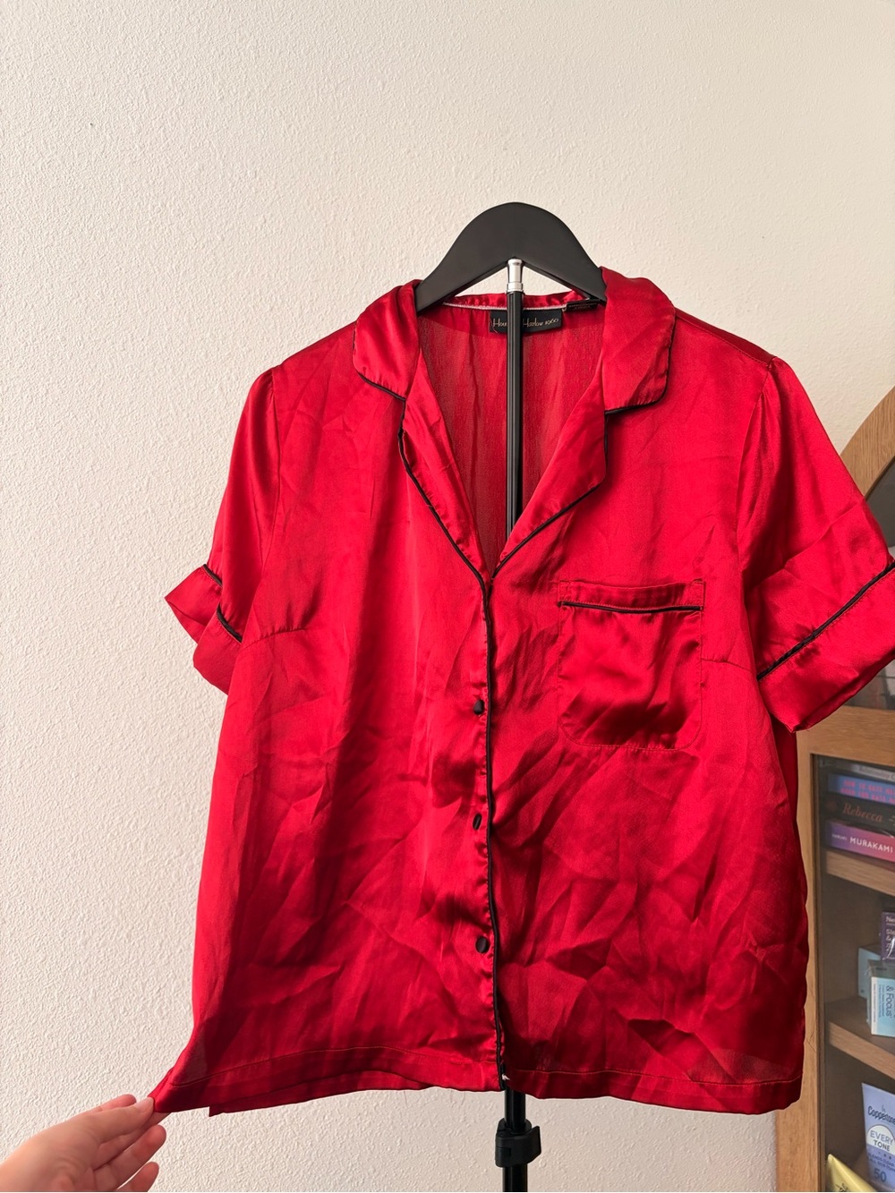 House of Harlow Satin Red Short-Sleeve Pajama Top